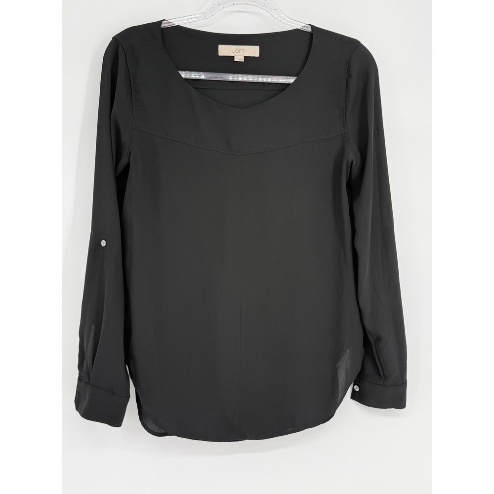 Loft Black Roll Tab Long Sleeve Blouse Scoop Neck High Low Hem Top Sz S